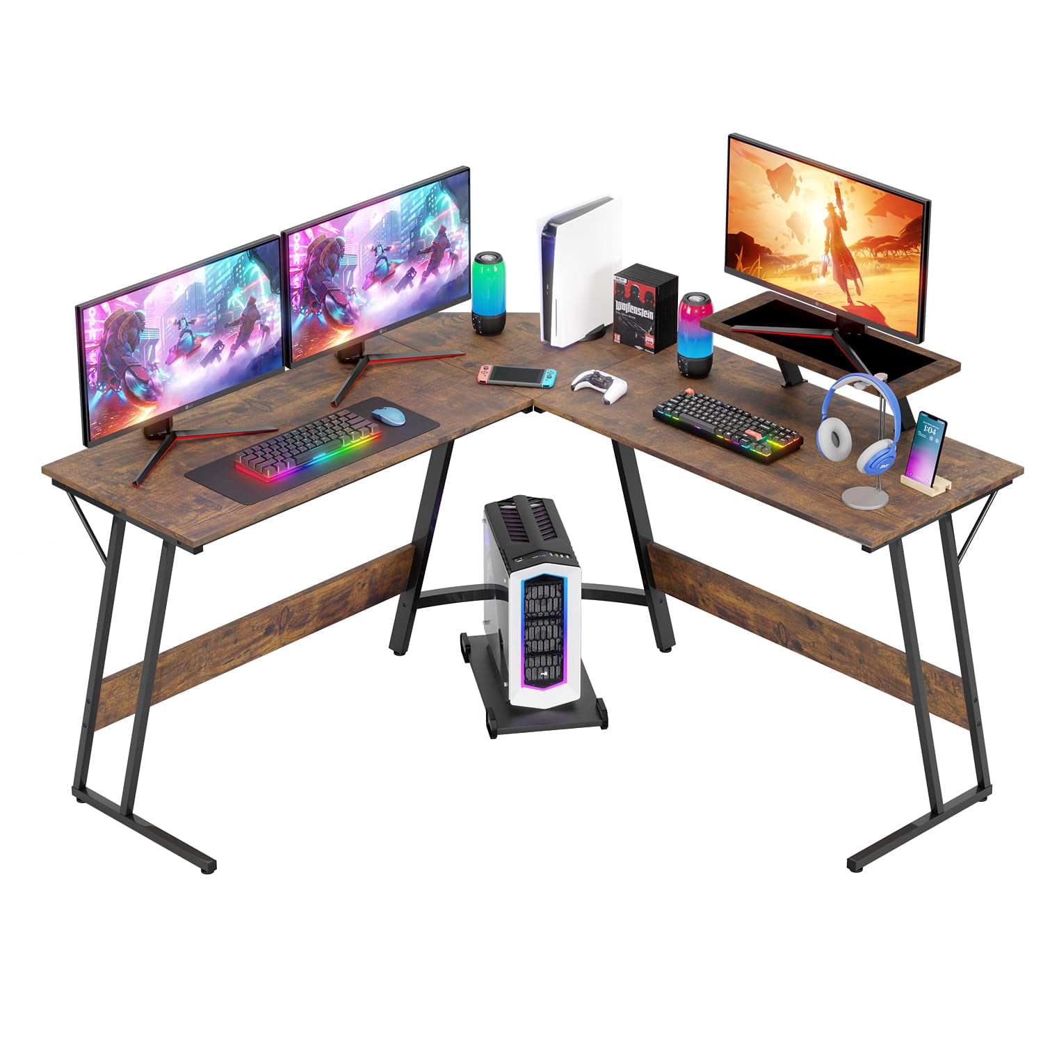 YRLLENSDAN L Shape Gaming Desk Table, 50 Inch Corner PC Gaming Desk with Monitor Stand, L-Shaped Computer Desk Table, Gamer Work Desk for Home Office, Brown