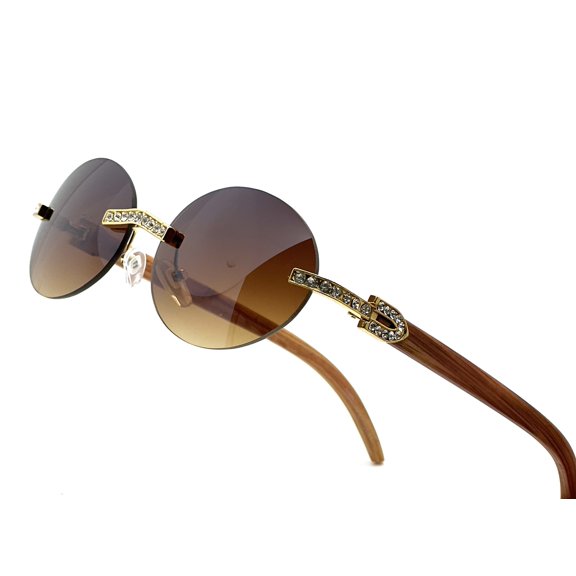 Sunglasses Men Hip Hop Diamond Rimless Gold Shades Brown Lens