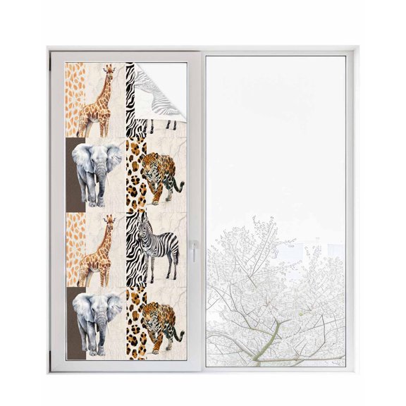 Window Privacy Film Modern Animals Stained Glass Window Film Decorative Sun Block Window Cover Vintage Giraffe Zebra Elephant Leopard Window Clings Static Adhesive Sticker for Bathroom 29.5"x78.7"