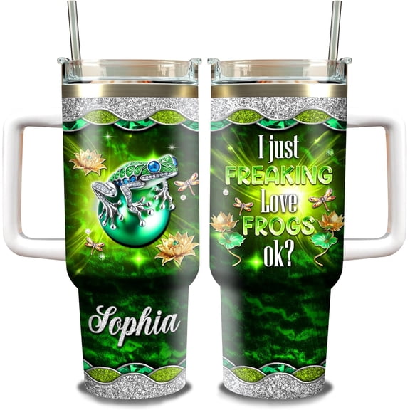 Personalized I Just Freaking Love Frogs Tumbler 40oz with Handle and Straw Custom Name Stainless Steel Double Walled Insulated Travel Mug Birthday Christmas Best Gifts For Frog Lovers