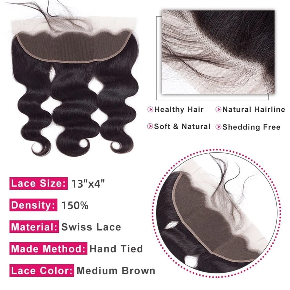 Body Wave 3/4 Bundles with Frontal, Natural Black Brazilian Human Hair Weave Bundles with 13x4 HD Lace Frontal Remy Hair Extensions