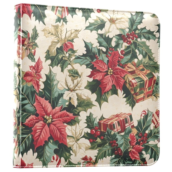 FORMRS 3 Ring Photo Album 4"x6" Self Adhesive Large Capacity PU Leather Cover, Red Christmas Poinsettia