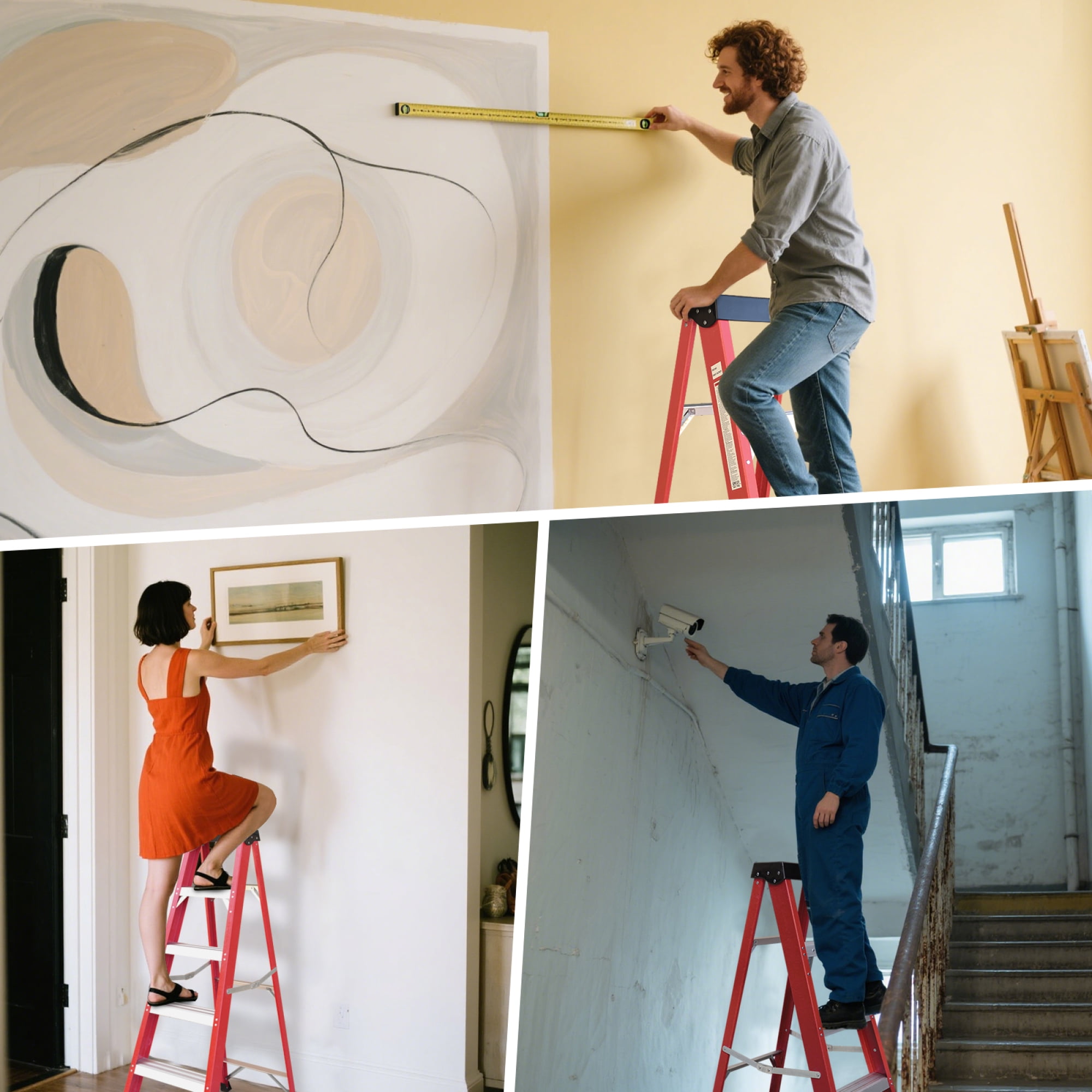 Leumius 5 Steps Fiberglass Ladder with a Load Capacity of 330 Pounds, Equipped with a Tool Tray for Electrical Engineering Ladder Structure Insulation Ladder Red
