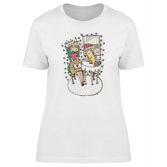 Girl Sitting Next To Cat Design T-Shirt Women -Image by Shutterstock, Female XX-Large