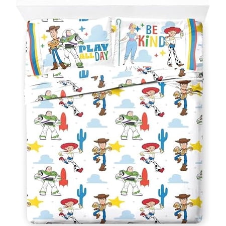 Kids Sheet Cartoon Set with Fitted, Flat Sheets & Pillow Cover - Ultra-Soft Bedding with Pillowcase for Room Decor, White - Toy Story, 4 Piece Queen