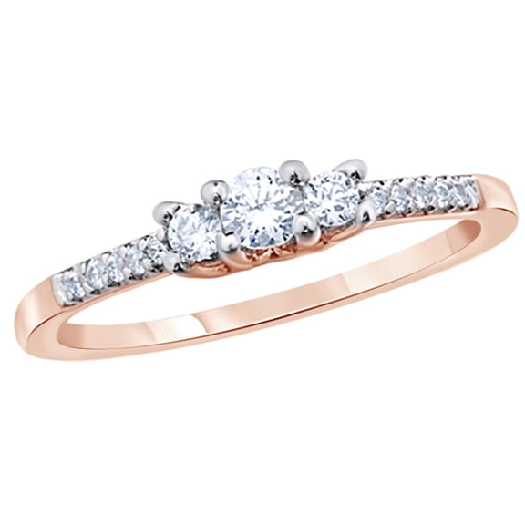 Round Cut White Natural Diamond Three Stone Promise Ring in 10k Rose Gold (0.33 Cttw)
