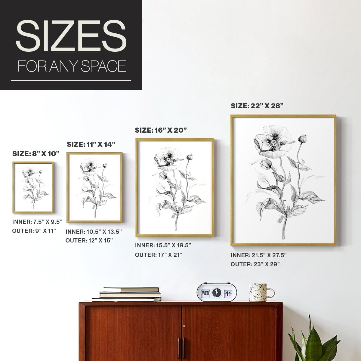 Wild Poppy Sketch Framed Print in Gold Solid Wood 11 x 14 Framed Print
