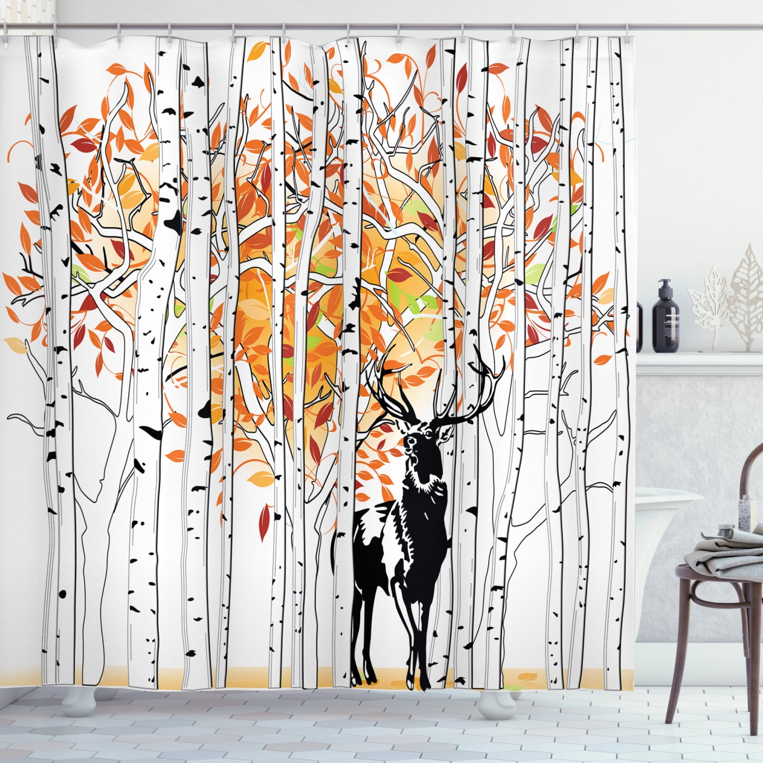Deer Decor Shower Curtain Set, Deer In Forest Autumn Golden Colors