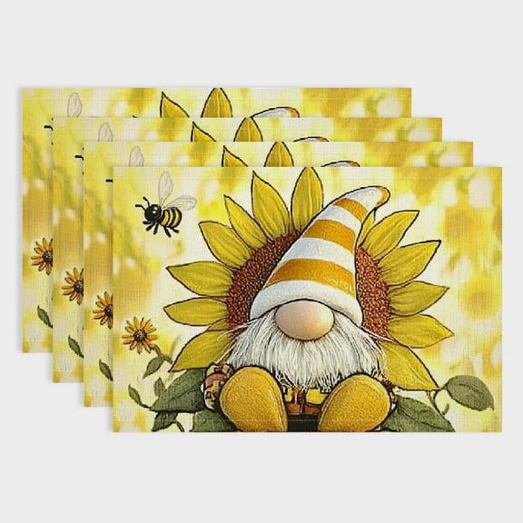 Fenyluxe Yellow Buffalo Plaid Gnome Sunflower Bee Summer Placemats Set of 4,Spring Table Mats for Party Kitchen Dining Decoration 18x12in