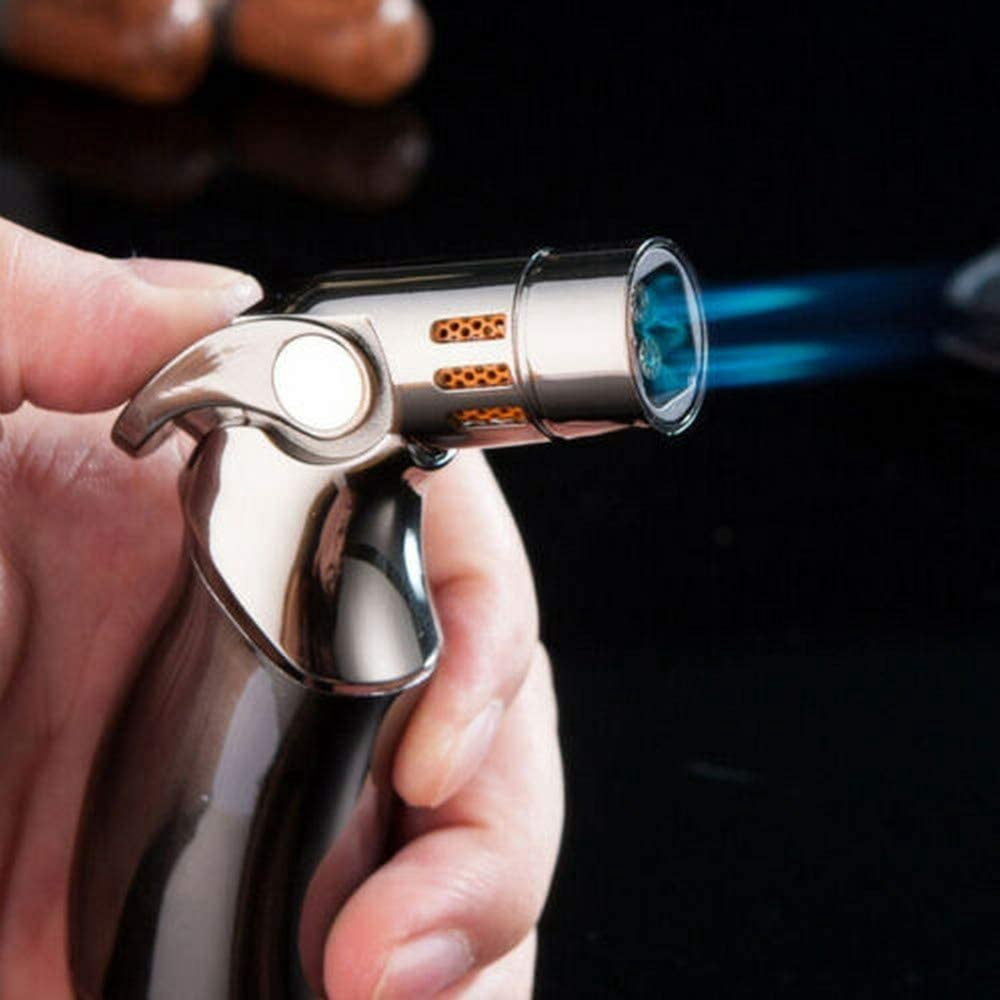 Piioket Windproof Luxury 4 Nozzles Quad Jet Torch Lighter Elegant Four Flame Refillable Butane Gas Cigar Cigarette Lighter - Gray