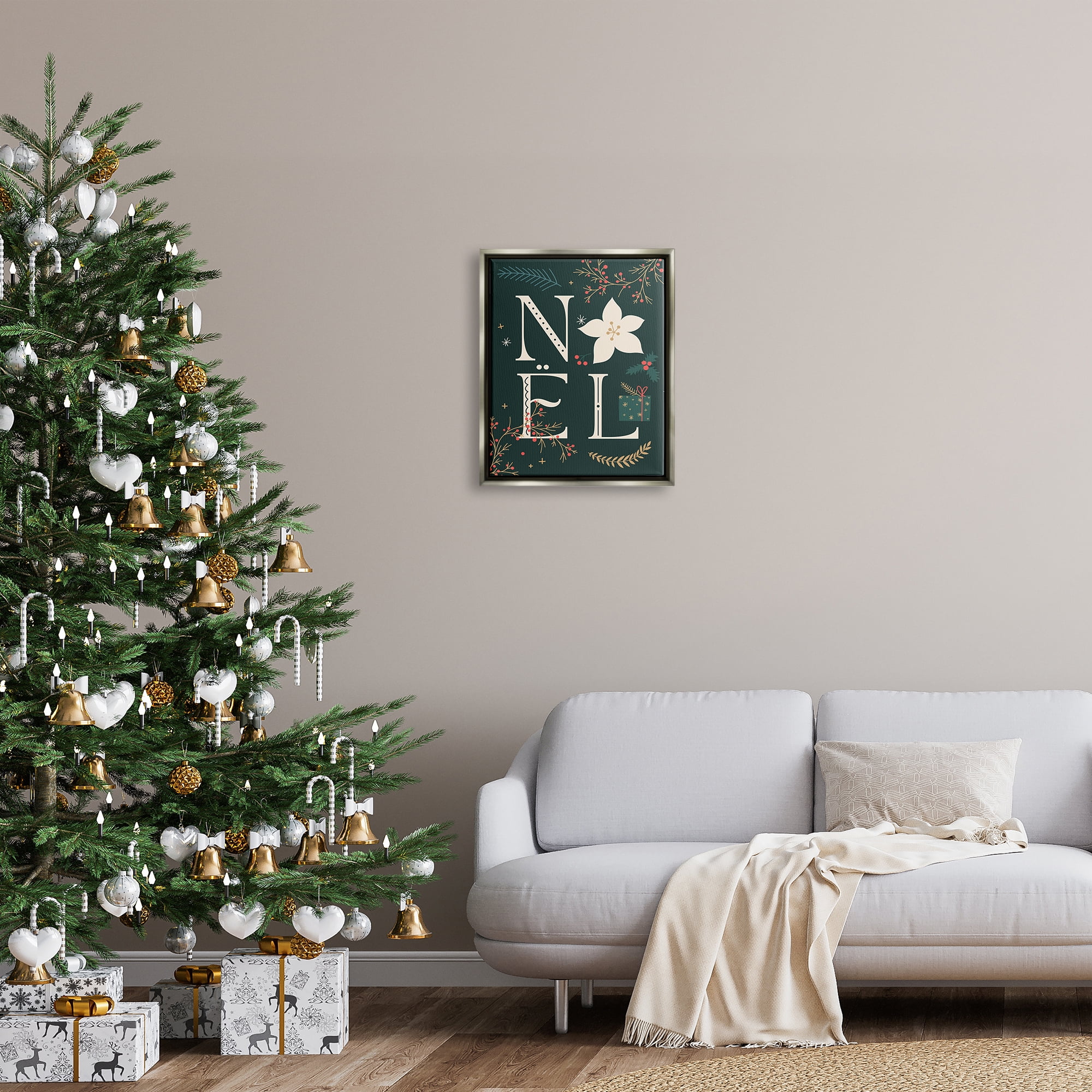Stupell Industries Noel with Christmas Bloom Holiday Painting Gray Floater Framed Canvas Art Print Wall Art, 17 x 21