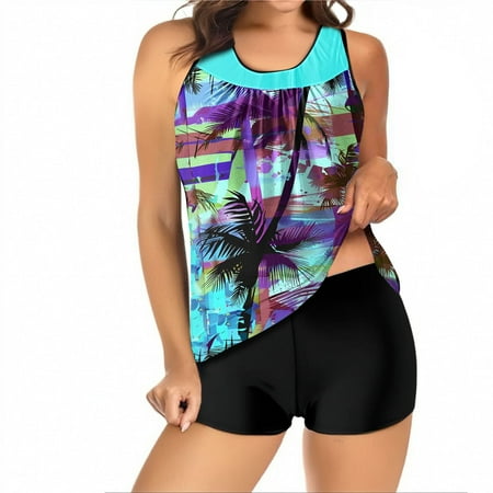 ChuanccPattern Bikini Womens Bathing Suits Tankini Bathing Suits Tankini Swimsuits Two Piece Graphic Swim Tank Top With Boyshorts Ladies Swimwear Plus Size Swimsuit For Women Purple XL Clearance
