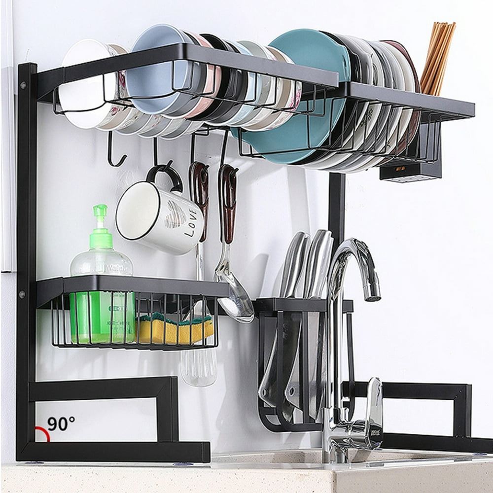 2 Tier Dish Drying Rack Multifunctional Kitchen Cutlery Utensils Holder Over Sink Drainer Shelf