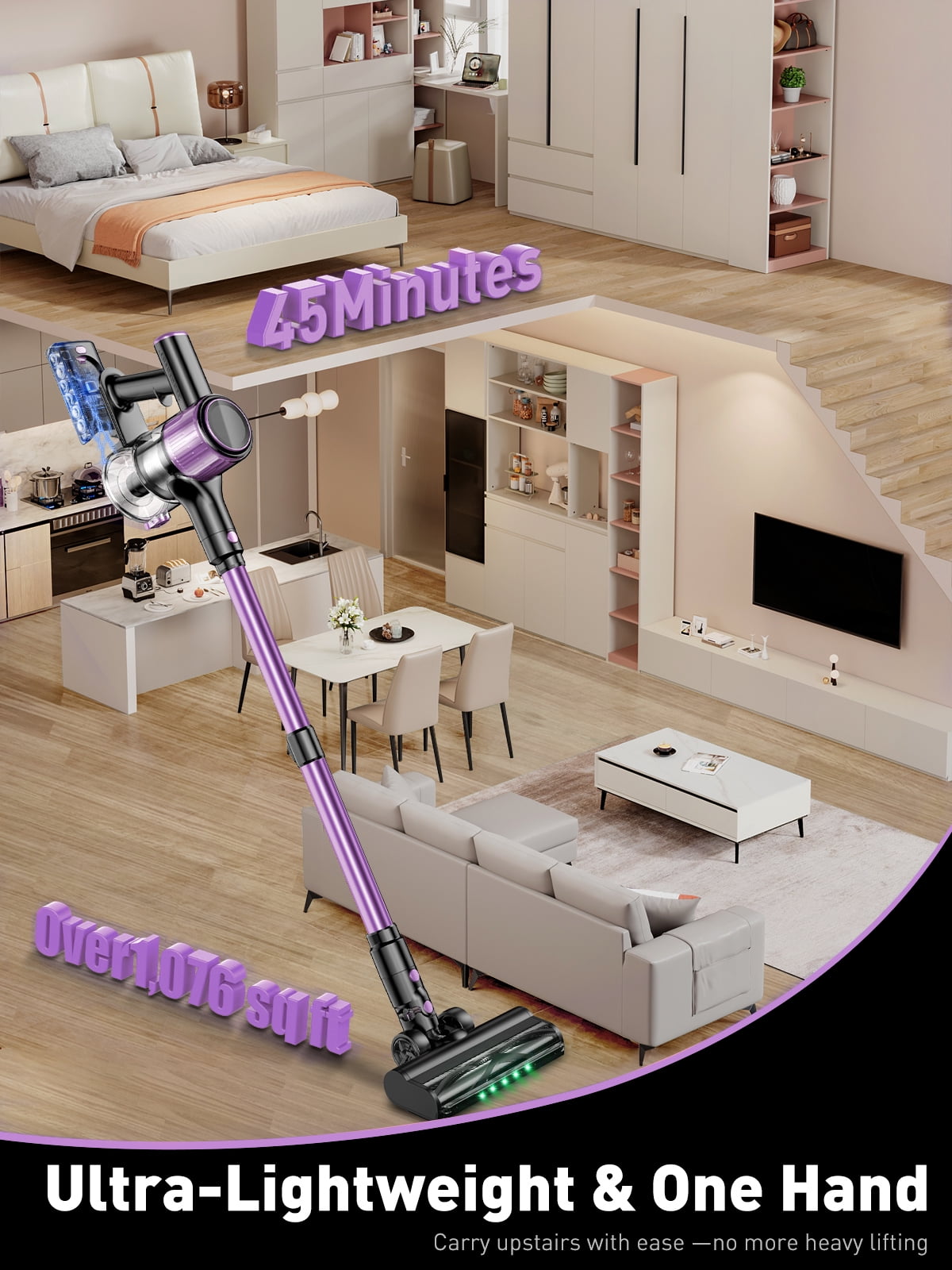 Cordless Vacuum Cleaner, 40Kpa Stick Vacuum with Powerful Suction, Hose, Green LED Light, Anti-Tangle Brush, Lightweight Rechargeable Vacuum Cleaner for Home, Hardwood Floors, Carpets,Purple