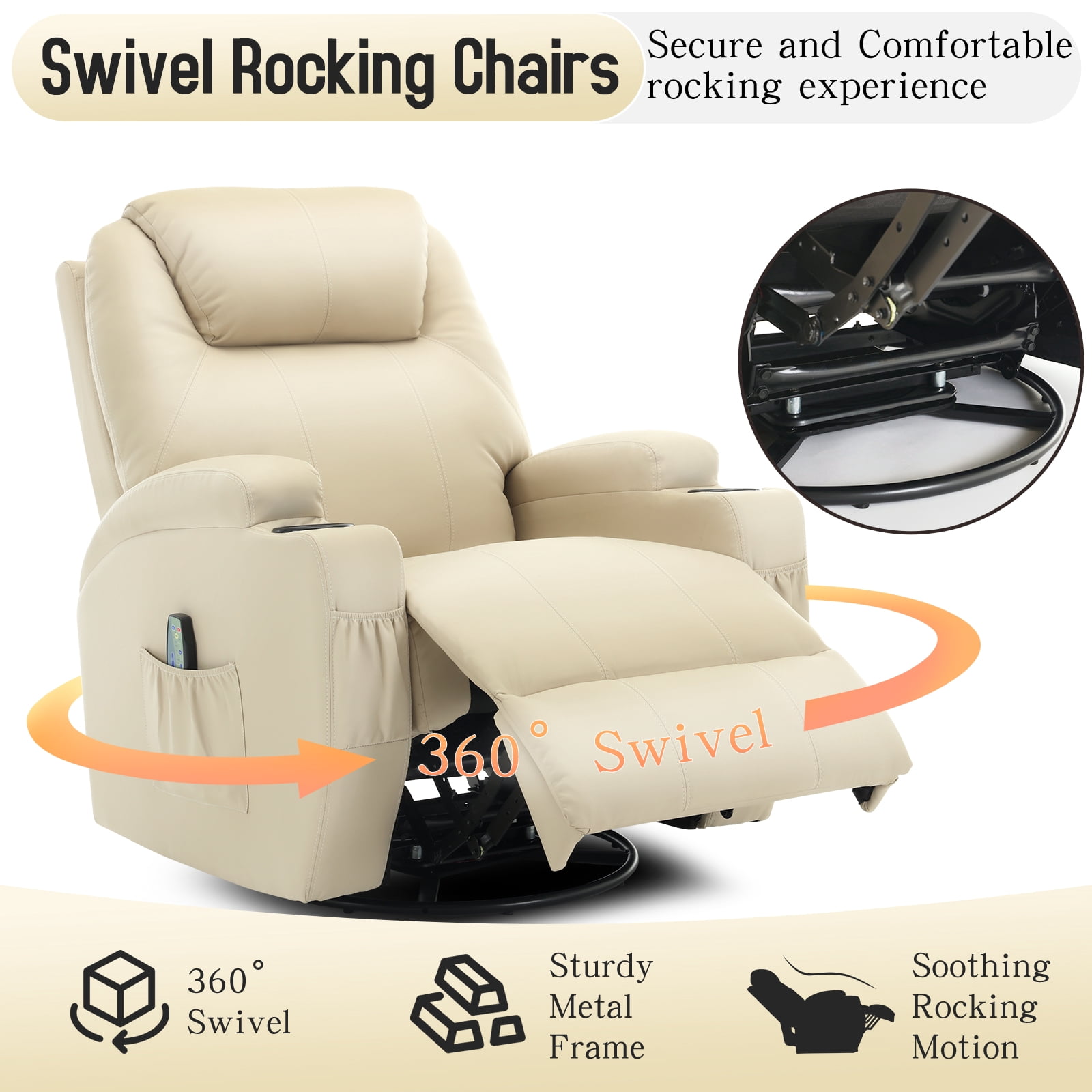 Korser Swivel Rocker Recliner Chair with Massage Faux Leather for Living Room,Beige