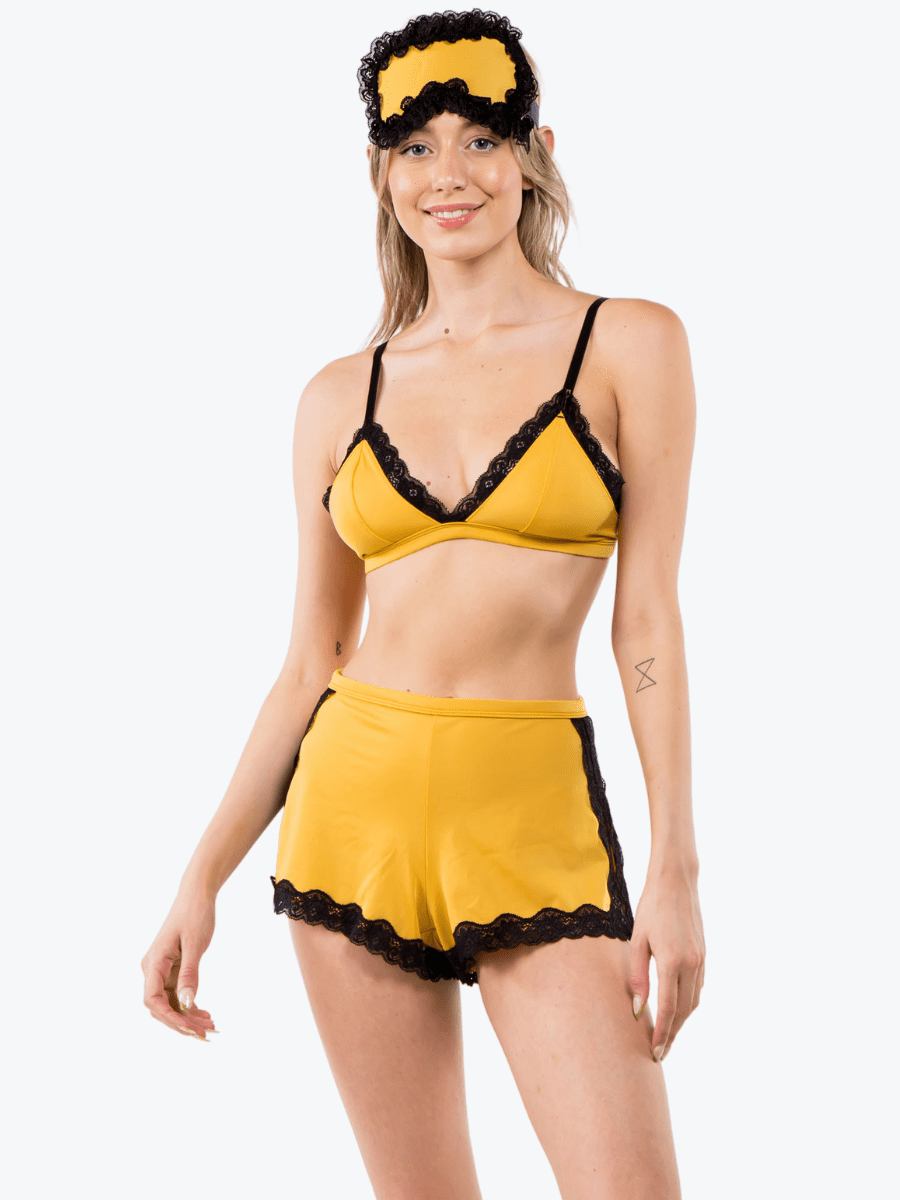 3 Piece Pajama Lace Bralette PJ Short Set with Sleep Lingerie Adjustable Straps