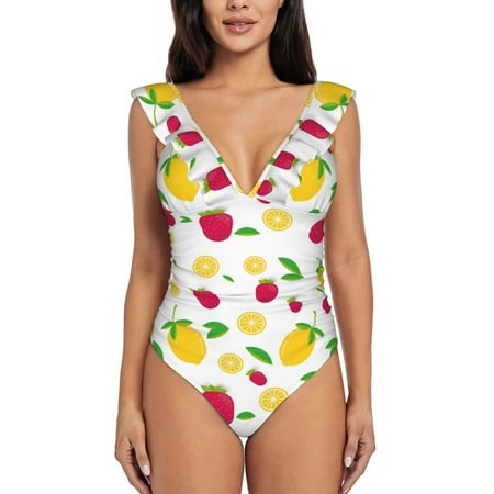Qekee Strawberry and Lemon Women s Ruffle One Piece Swimsuit  Frilly shoulder strap monokini for Beach Pool Surf - Medium