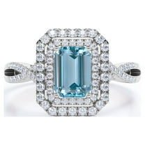 JeenMata Pave Crossover 1.35 Carat Emerald Cut Vivid Blue Created Aquamarine and Moissanite Double Halo Design Engagement Ring in 18K White Gold Plating over Silver