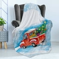 thumbnail image 4 of Christmas Soft Flannel Fleece Throw Blanket, Vintage Truck in Snowy Winter Scene Tree and Gifts Candy Cane Kids Print, Cozy Plush for Indoor and Outdoor Use, 50" x 60", Blue White Red, by Ambesonne, 4 of 5