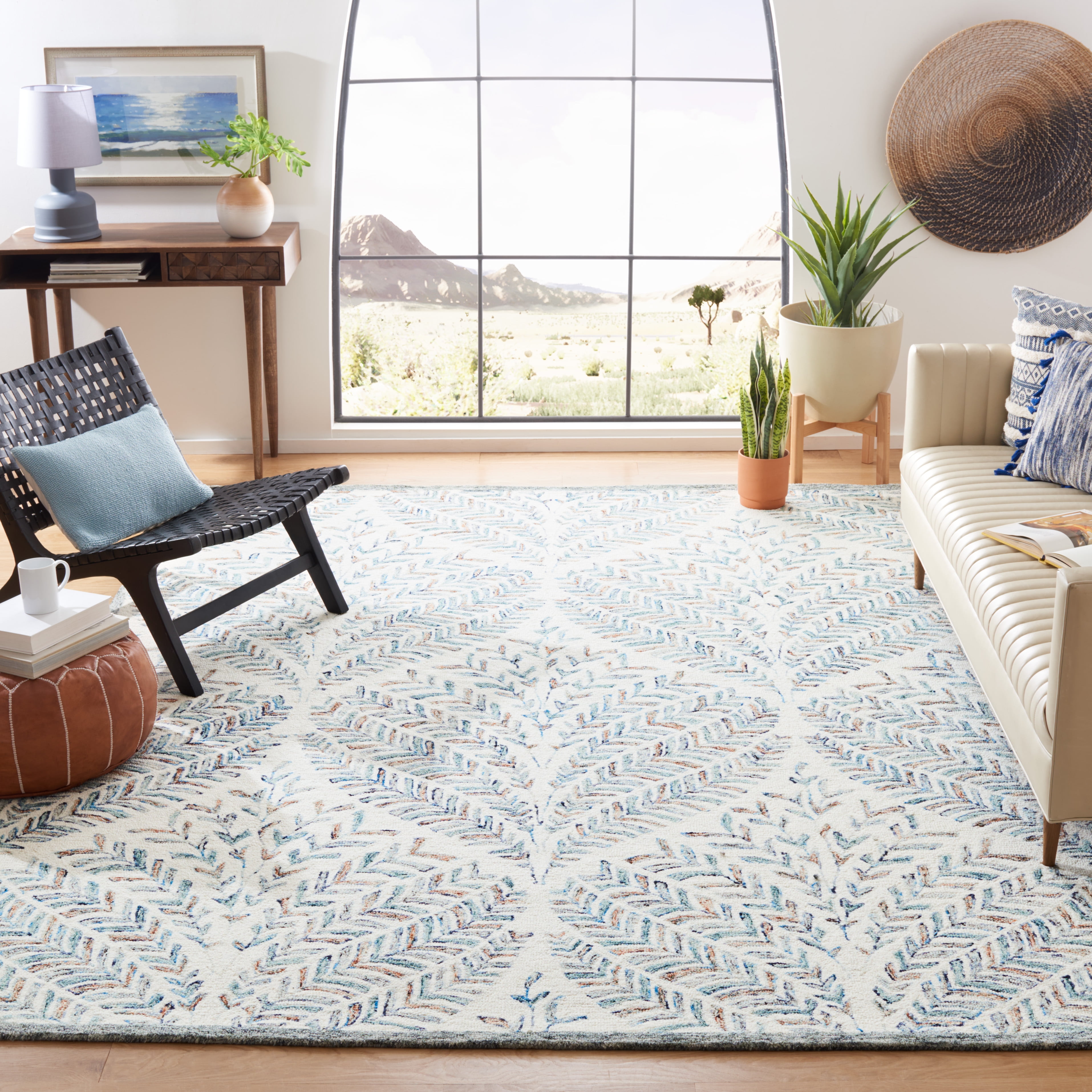 SAFAVIEH Capri Proinsias Leaves Wool Area Rug, Ivory/Blue, 9' x 9' Square