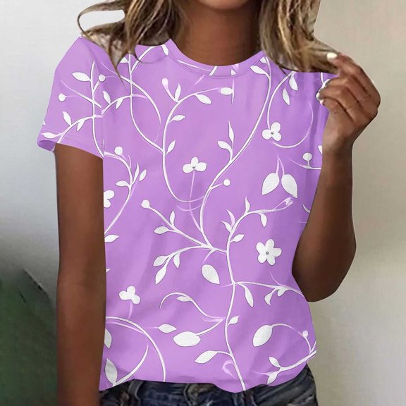 Fengqque 2025 Women's Retro Casual Print Round Neck Short Sleeve T-Shirt