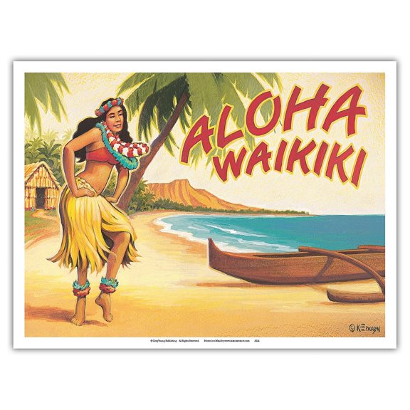 Aloha Waikiki - Hula Dancer - Vintage Hawaiian Travel Poster by Kerne Erickson - Master Art Print (Unframed) 9in x 12in