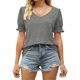 thumbnail image 2 of Camisa informal holgada de color puro con detalle fruncido para mujer, talla S, color gris, cuello en V, mangas abullonadas, para verano, 2 of 6