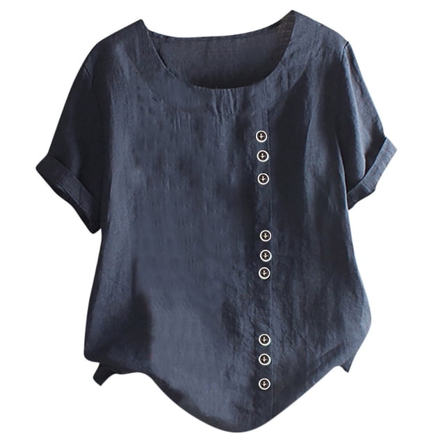UPPADA Hauts en Lin Grande Taille pour Femmes T-Shirts Col Rond Tendance Manches Courtes Blouses en Coton Vintage Été Basique