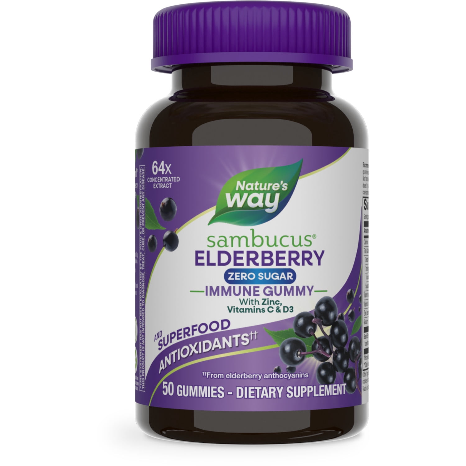 (2 pack) Nature’s Way Sambucus Zero Sugar Elderberry Immune Gummies, with Vitamins C, D3 & Zinc, Unisex, 50ct