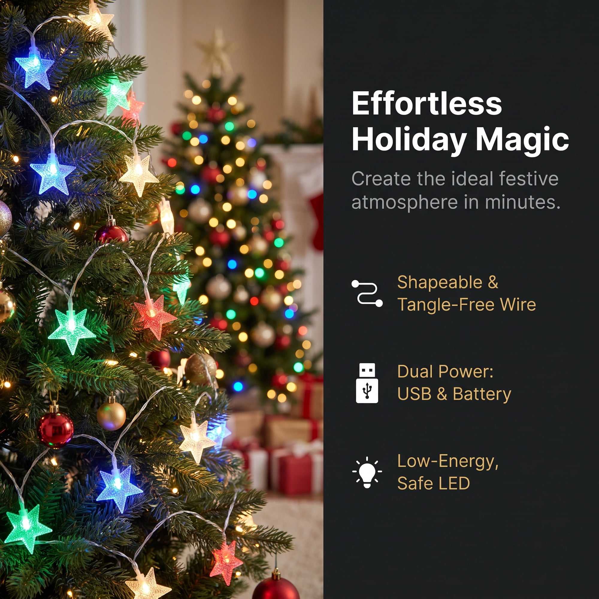 Unique Bargains 3D Star Lights with Flexible Design 9.8 ft Colorful USB Powered