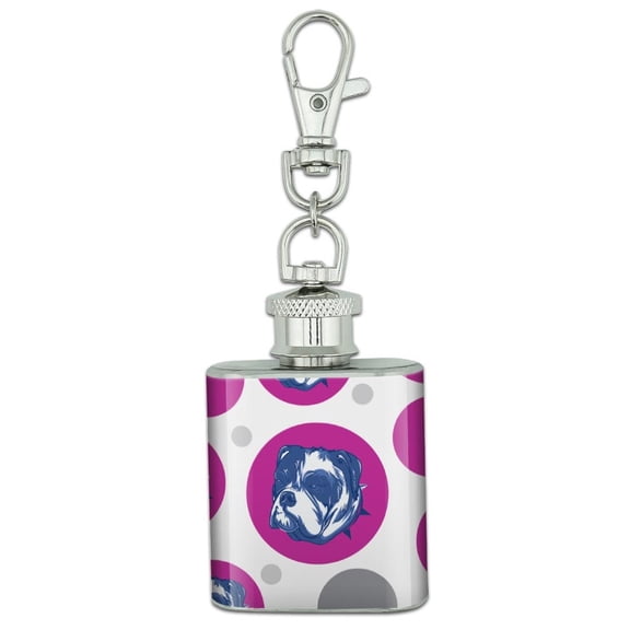 English Bulldog Tough Spiked Collar Blue Dog on Pink Stainless Steel 1oz Mini Flask Key Chain