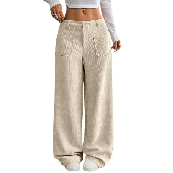 WTOBBY Women's Corduroy Pants Casual High Waist Elastic Waist Straight Leg Loose Comfy Trousers with Pockets Winter,Beige L