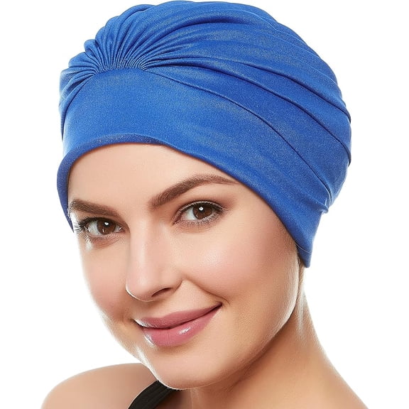 Beemo Swim Caps for Women Swimming Turban Polyester Latex Lined Pleated for Ladies - Royal Blue