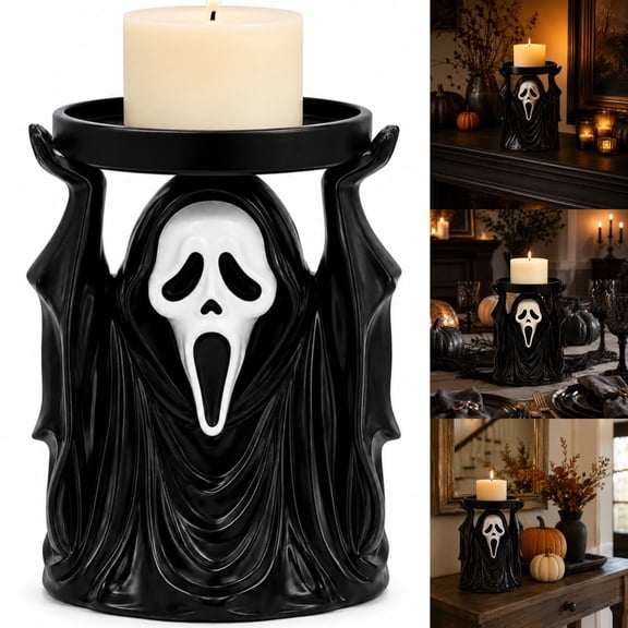 Hooded Ghost Face Candle Holder Halloween Decor, Spooky Raised Hands Candle Stand, Tabletop Mantel Decoration for Halloween Party Home Shelf Entryway Display