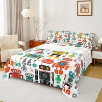 Manfei Colortful Robot Full Size Sheets,Kids Toy Bed Sheets,Modern Abstract Desgin Sheet Sets For Boys Teens,Ultra Soft Home Decor,4 Pieces