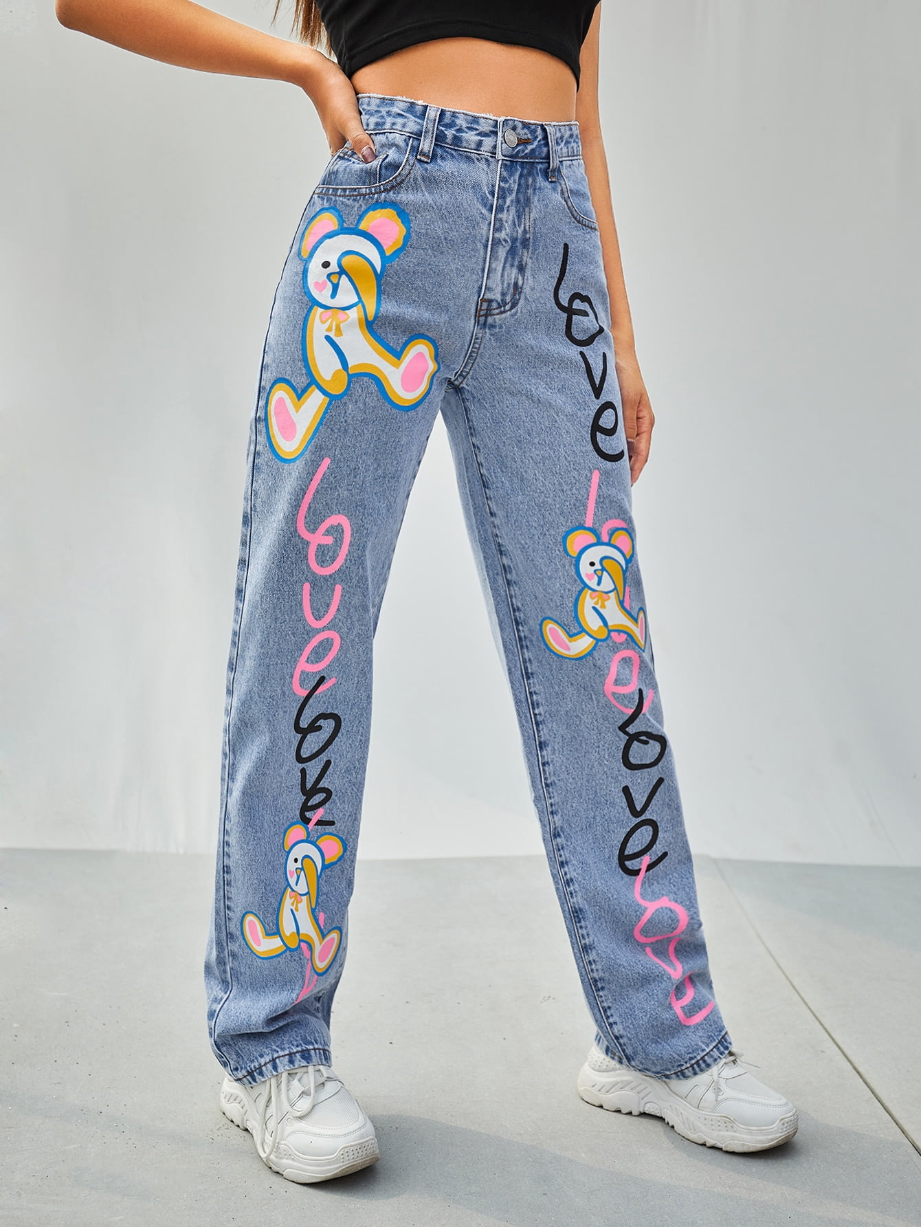 High Waist Letter Cartoon Graphic Jeans 
