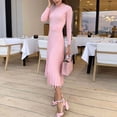 thumbnail image 5 of Fesfesfes Dresses for Women Solid Color Knitted Long Sleeve Party Dress Round Neck Bottoming Pleated Dress, 5 of 9