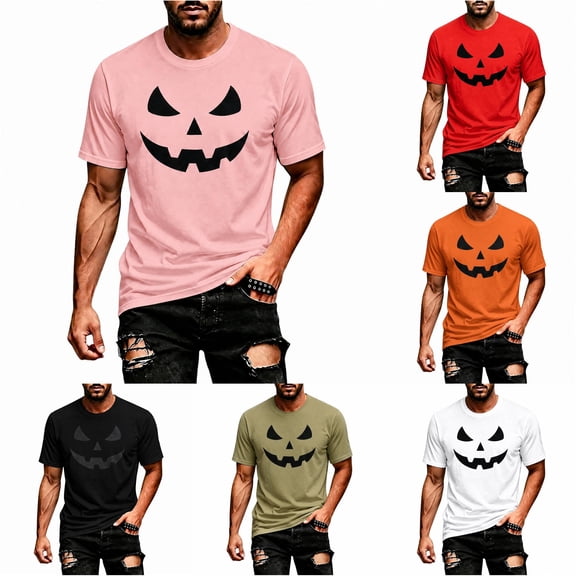 Bibifish Mens T Shirts Short Sleeve Crew Neck Hidden Pumpkin Face Print Tees Minimal Halloween Basic Casual Tops