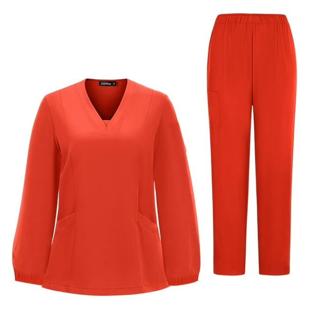 Ktyne Ensemble de Sarraus Rouges pour Femmes Extensible Uniforme d'Infirmière Manches Courtes Sarrau et Pantalons Joggers Tenue d'Hôpital de Couleur Unie avec Multiples Poches Vermillon TG