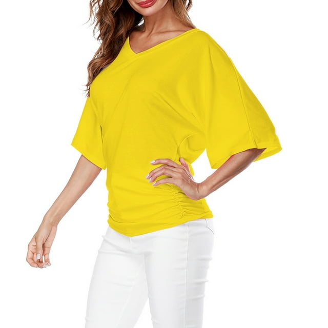 MKLEKYY Playeras Oversize Camiseta Holgada Con Cuello En V Y Mangas Murciélago Para Mujer, Talla Grande, Dobladillo Doblado, Lisa, Talla Grande Talla XL
