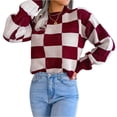 thumbnail image 2 of Women's Casual Fashion Contrast Plaid Long Sleeve Pullover Knitted Sweater for Fall and Winter, Stylish and Comfortable, Perfect for Seasonal Wear,Wine,Size S, 2 of 9