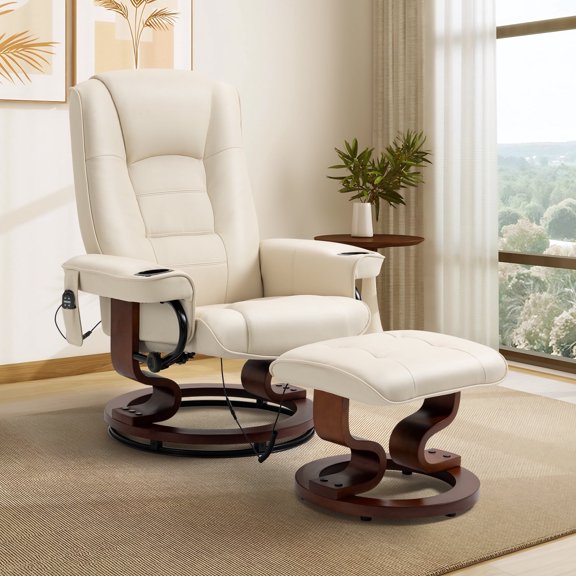 AVAWING 8 Point Vibration Massage Recliner Chair, 360° Swivel Chair with Ottoman, Indoor, Beige