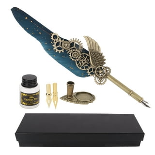 Feather Quill Pen Vintage Feather Dip Ink Pen Set Copper Pen Stem Writing Quill  Pen Calligraphy Pen As Christmas Birthday Gift Set (Navy Blue)
