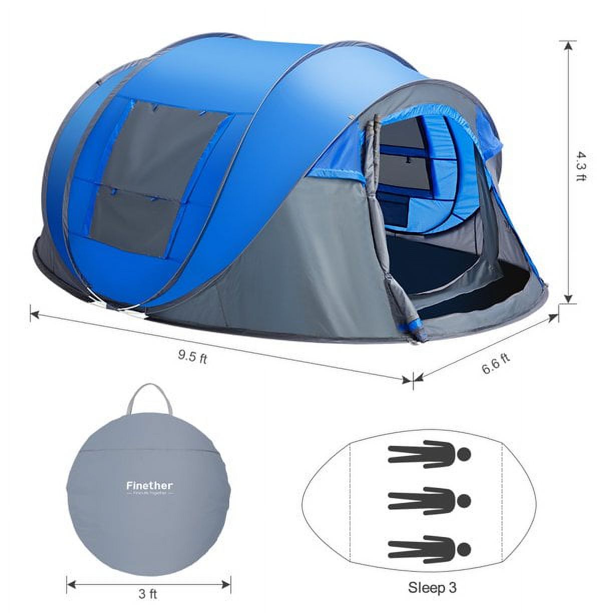 Carpa para 4 personas tipo pop up para campamento, GVDV impermeable, tamaño grande mejorado con 2 puertas, azul 2