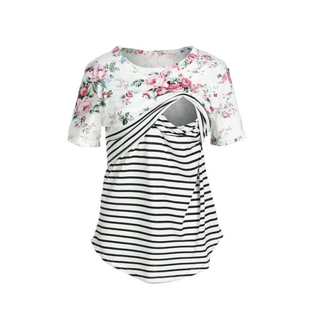 

Douhoow Women Nursing Tops Striped Floral Printed Short Sleeve T-shirt Maternity Breastfeeding Tops