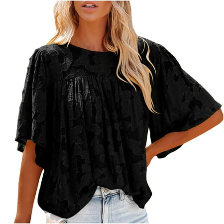 

Womens 3/4 Bell Sleeve Blouse Summer Crewneck Lace Tops Floral Blouses Casual Textured Babydoll Shirts