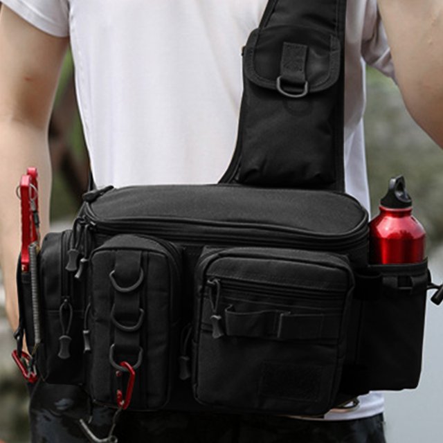 Bolso De Equipo De Pesca Bolsa de aparejos de pesca Crossbody Nylon deportes al aire libre Fish Gear cintura paquete (negro)