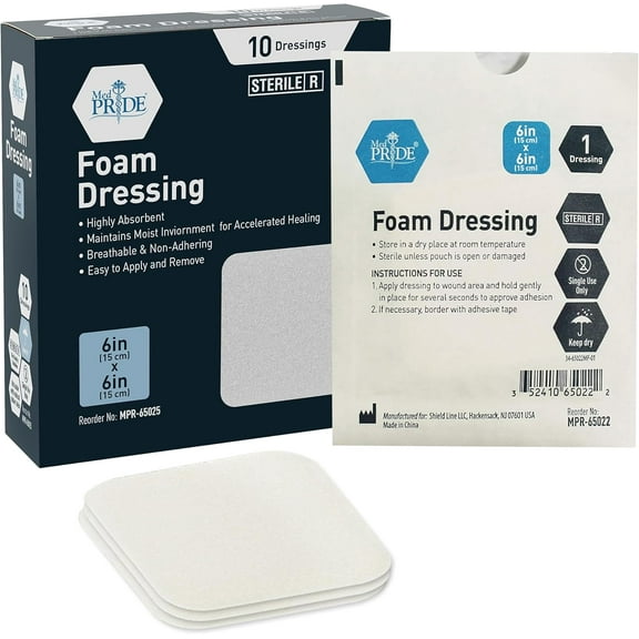 Med Pride Sterile Non Adhesive Foam Bandages for Wounds 6x6 Inch, 10 pack Waterproof Soft Foam Dressing