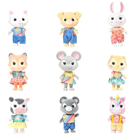 Honey Bee Acres Playground Pals – Includes 9 Miniature Flocked Animal Figures with Removable Outfits – Dollhouse Toy Set for Kids Ages 3+