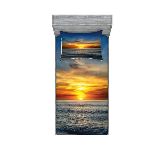 Ambesonne Ocean Fitted Sheet & Pillow Sham Set, Pacific California Sunset, Twin, Orange Blue